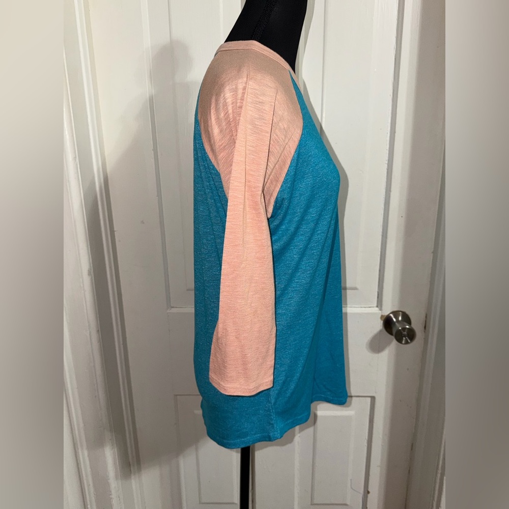 Women's size medium LuLaRoe Teal and Peach Long Sleeve Raglan Top, shirt, blouse - Picture 2 of 6